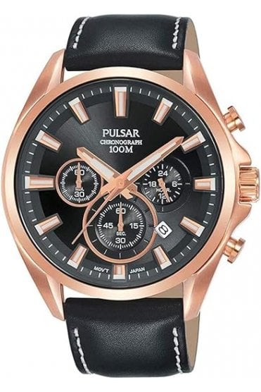 Pulsar Gents Chronograph Leather Strap 44mm 10ATM Watch PT3A28X1