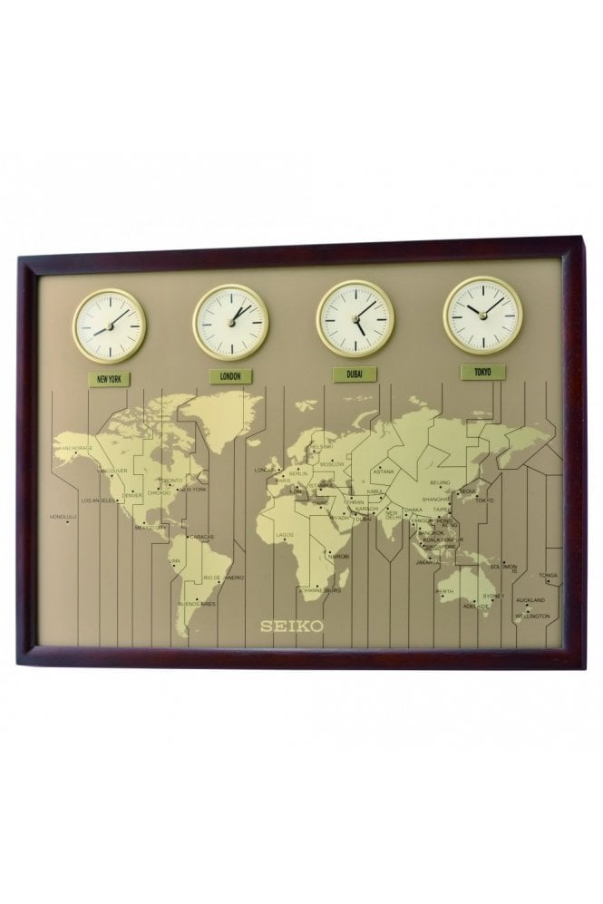 Seiko  World Time Quartz Battery Wooden Wall Clock - Dark Wood - QXA722B
